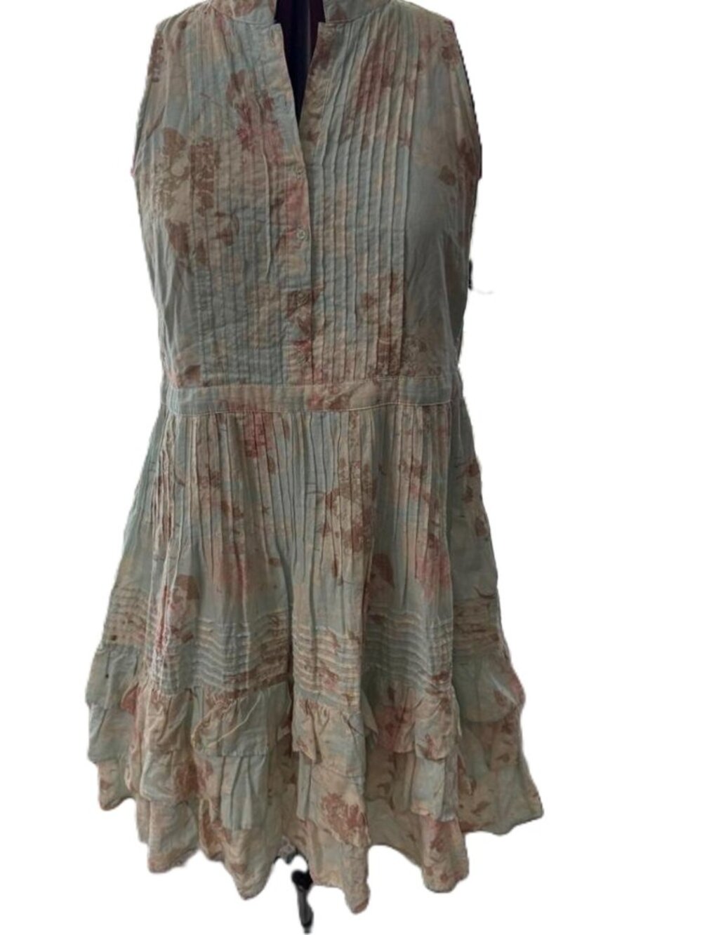 Stetson Sleeveless Blue Green Floral Ruffled Midi Dress Sz M